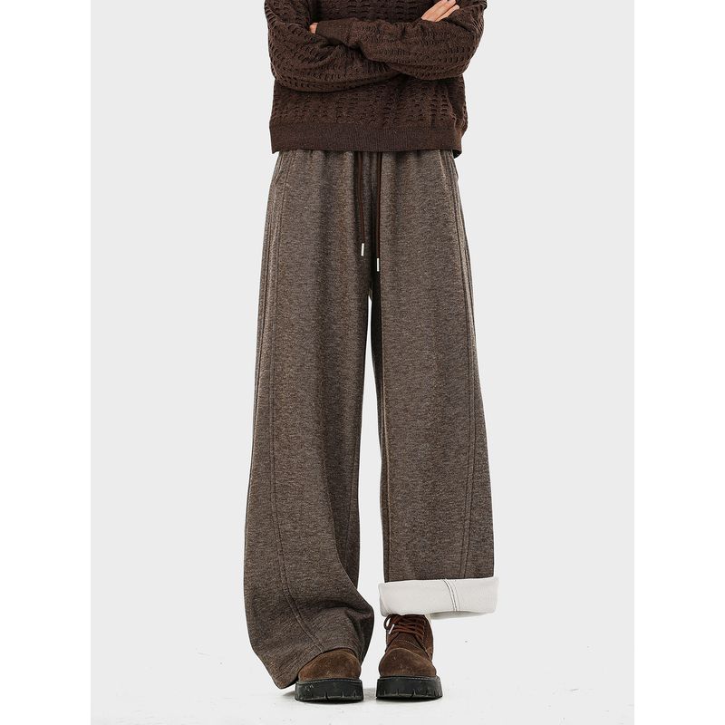 51 Hip-Hop American Minimalist Solid Color Patchwork Fleece-Lined Casual Wide-Leg Pants for Men and Women, Winter Thickened Drapey Sports Trousers