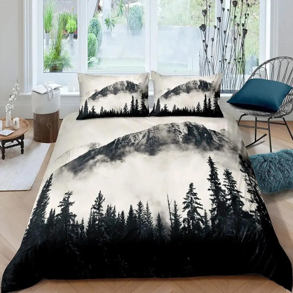 Comforter Smoky Mountain Misty Forest Bedding Set Full Queen Size Grey Trees Natural Scenery Art Comforter