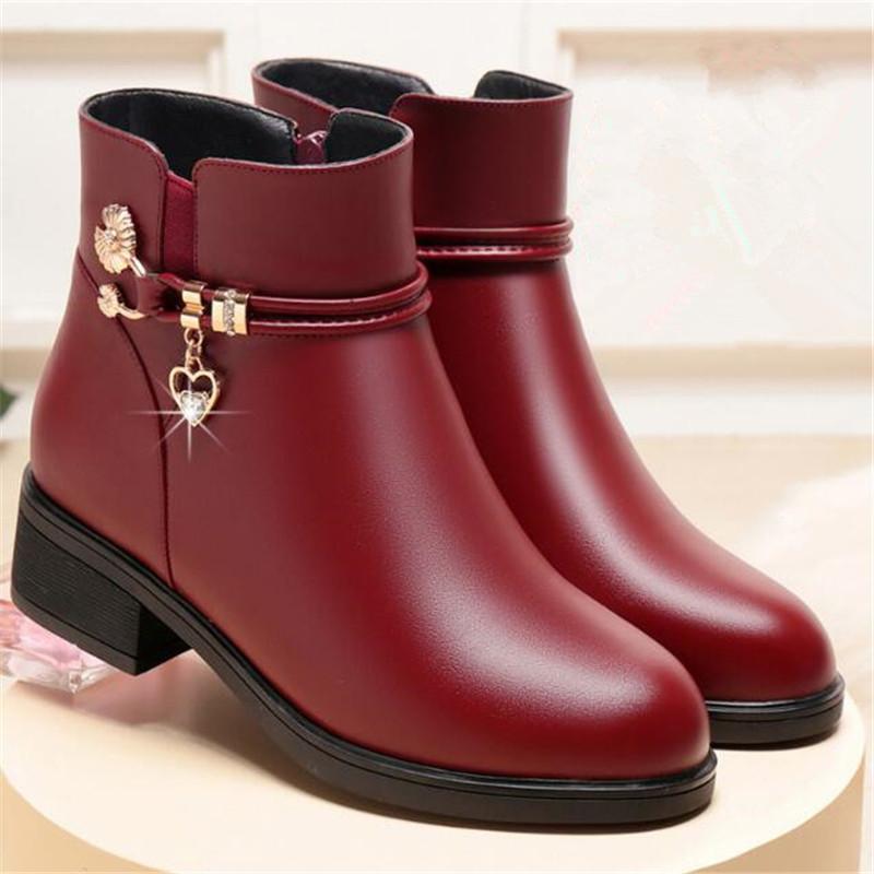 Winter Boots Genuine Leather Wedge Heels Women Snow Boots Famale Non-slip Warm Fur Ankle Boots Women's Casual Flat Shoes