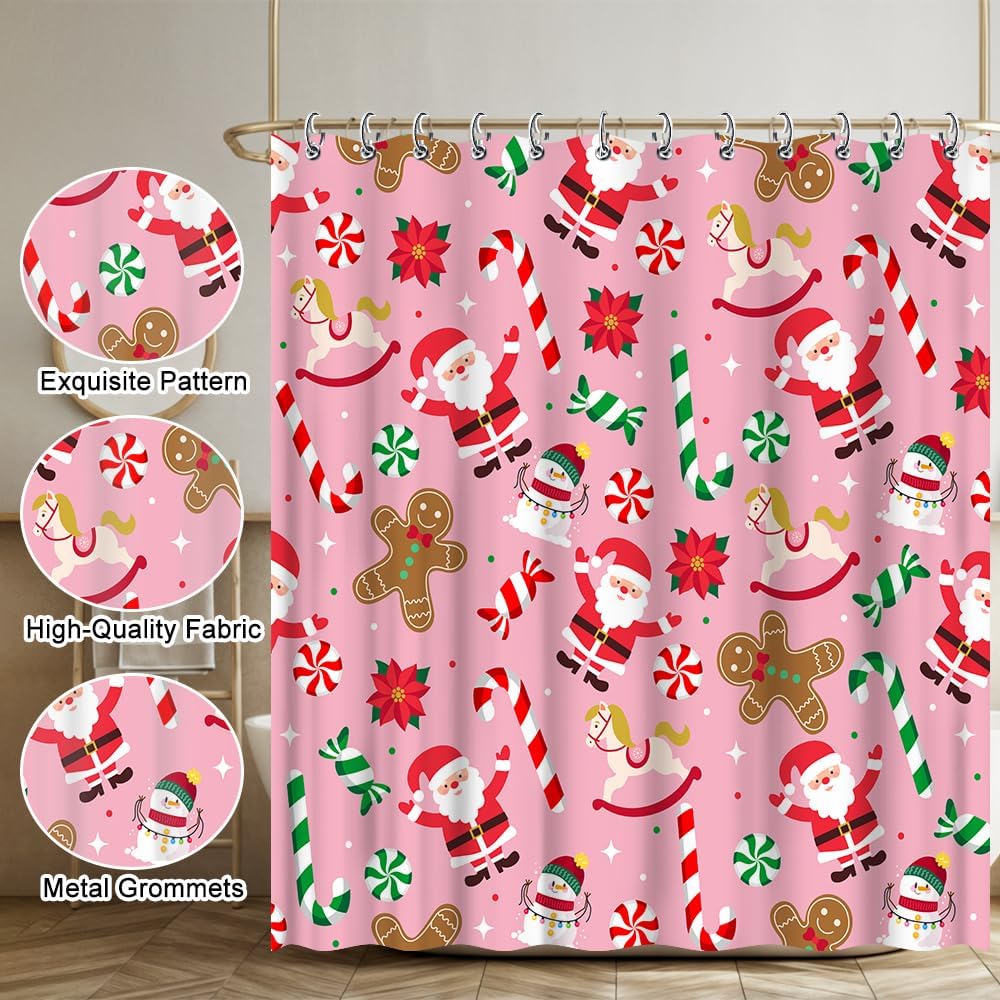 Christmas Gingerbread Man Santa Claus Pink Shower Curtain Candy Cane Snowman Pattern Santa Party Decorations Waterproof Fabric
