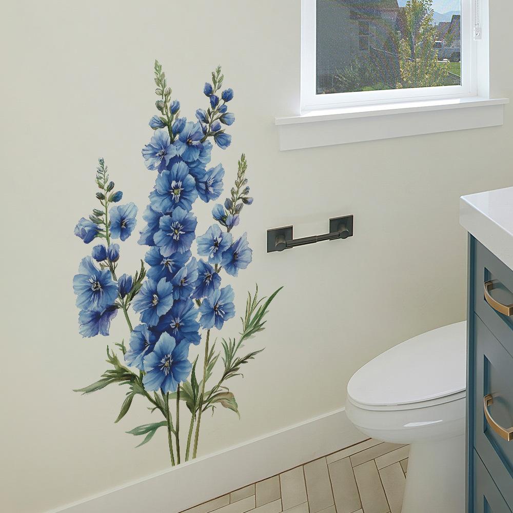 2 Pcs Watercolour Blue Flowers Bathroom Toilet Home Background Beautification Decoration Wall Stickers
