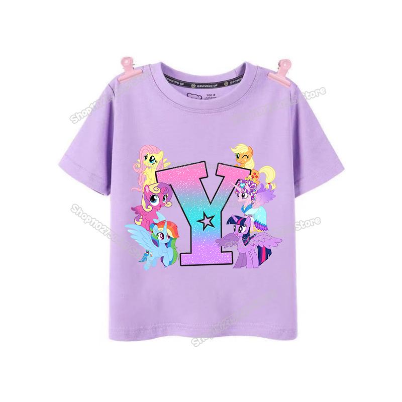 My Little Pony Girl T Shirt Twilight Sparkle Letter AZ TShirts Cartoon Kids Short Sleeve Tee Tops Casual Children Clothes