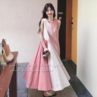 Real Shot Pink Splicing Big Skirt Dress Women's Summer New Holiday Style Super Good-looking Temperament Thin Vest Long Dress