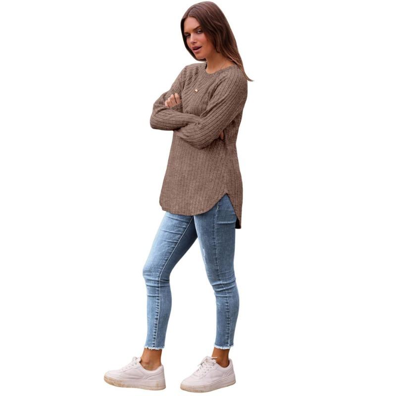 Women S Loose Round Neck Long Sleeve Top With Curved Hem