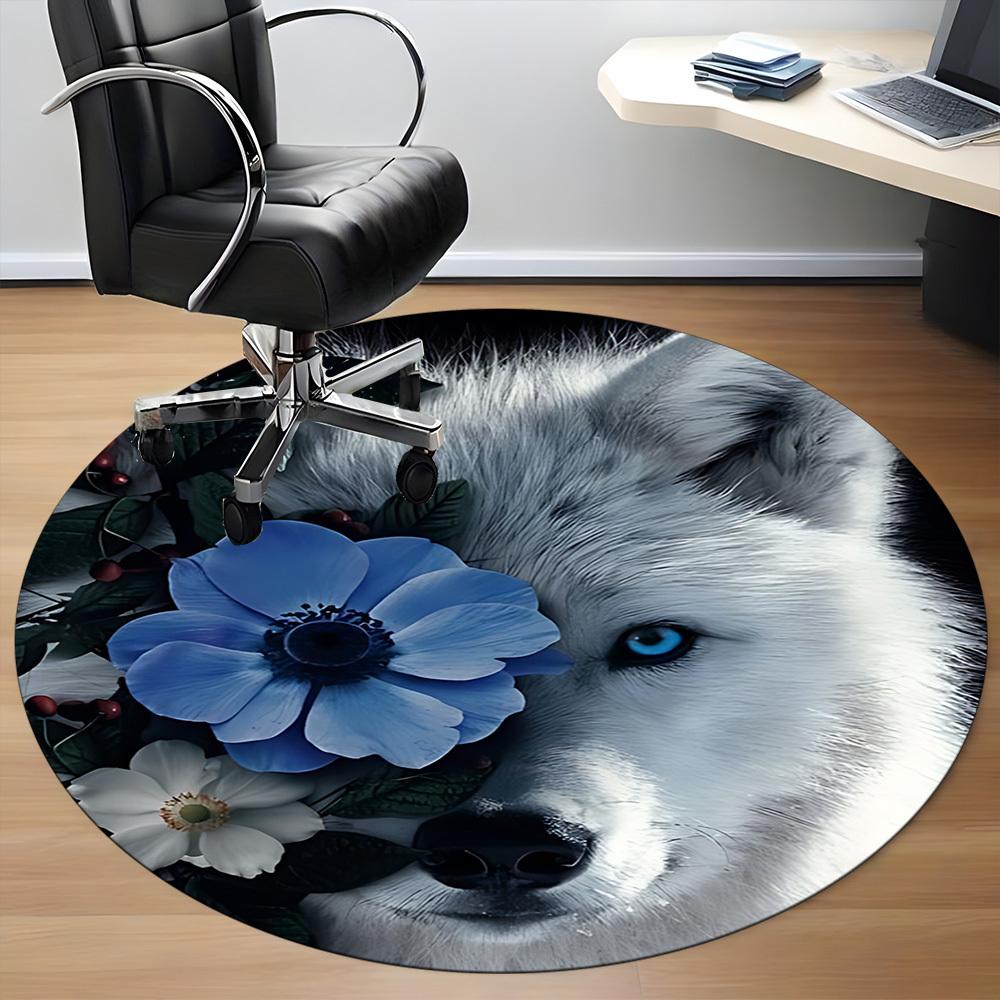 1pc Wolf Flowers Office Round Area Rug, Indoor Mat Suitable ForOffice, Under Office Chairs Bedroom Living Room Home Decor, Room Deco T183