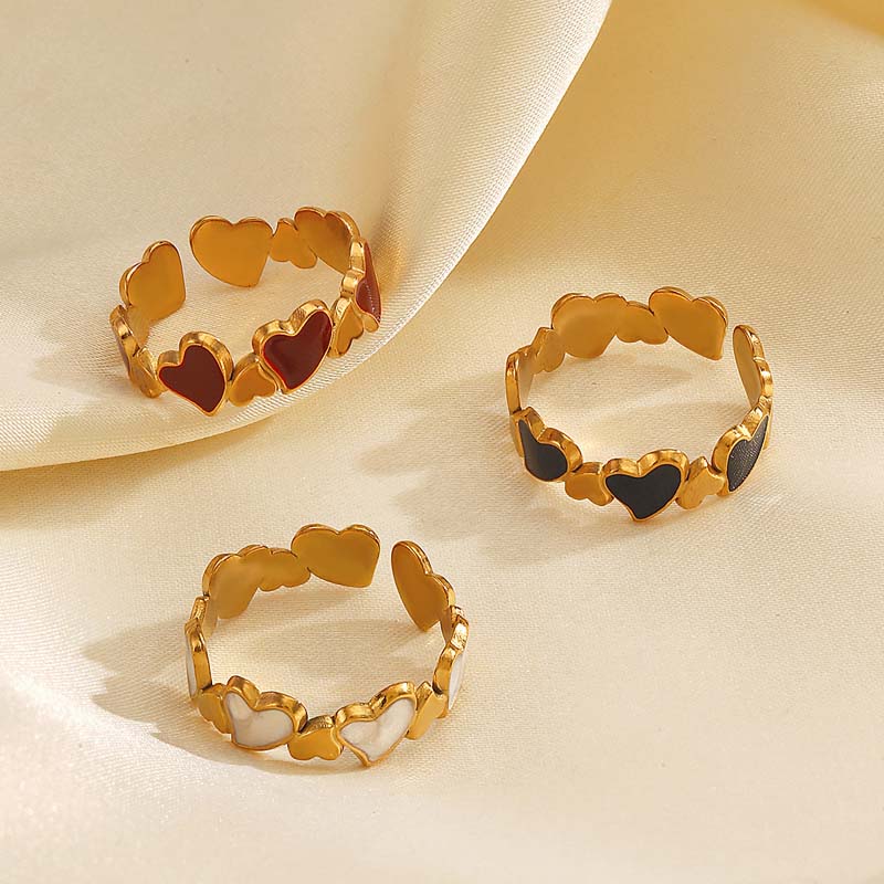 Stainless Steel Gold Color Heart Open Rings For Women Vintage Black Drip Oil Adjustable Couple Ring Jewelry Valentine's Day Gift