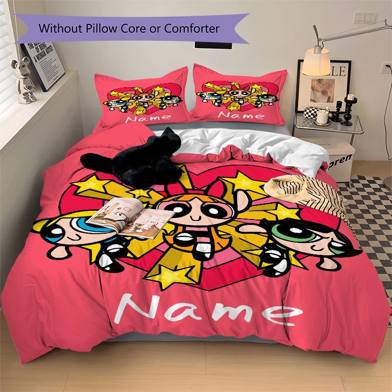 Custom Textile Power Puff Girls Bedding 3 Piece Set HD Print Duvet Cover Pillowcases for Teens Adult Bedroom Decoration