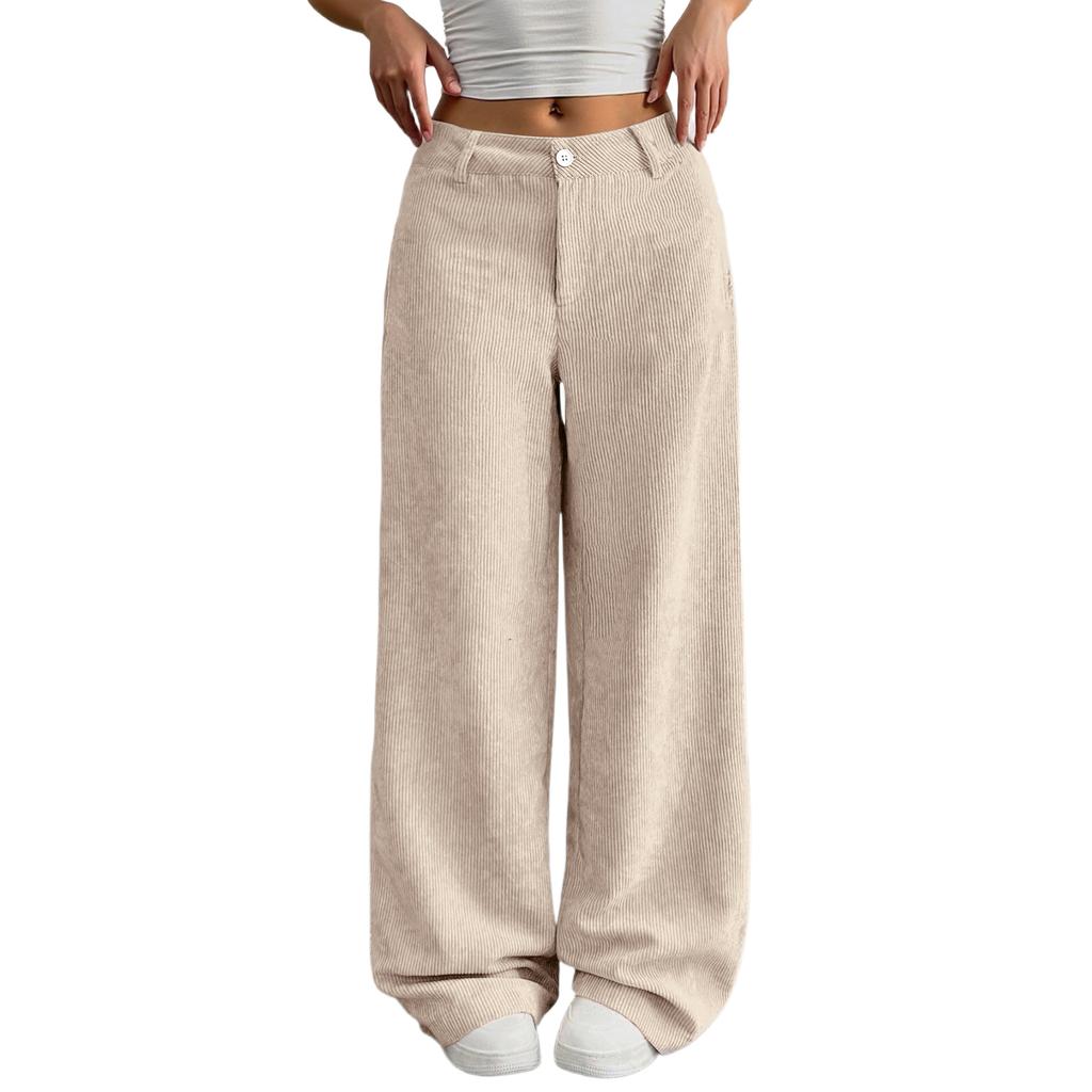Corduroy Pants For Women Casual Elastic Waist Straight Leg Pants Loose Comfy Trousers With Pockets