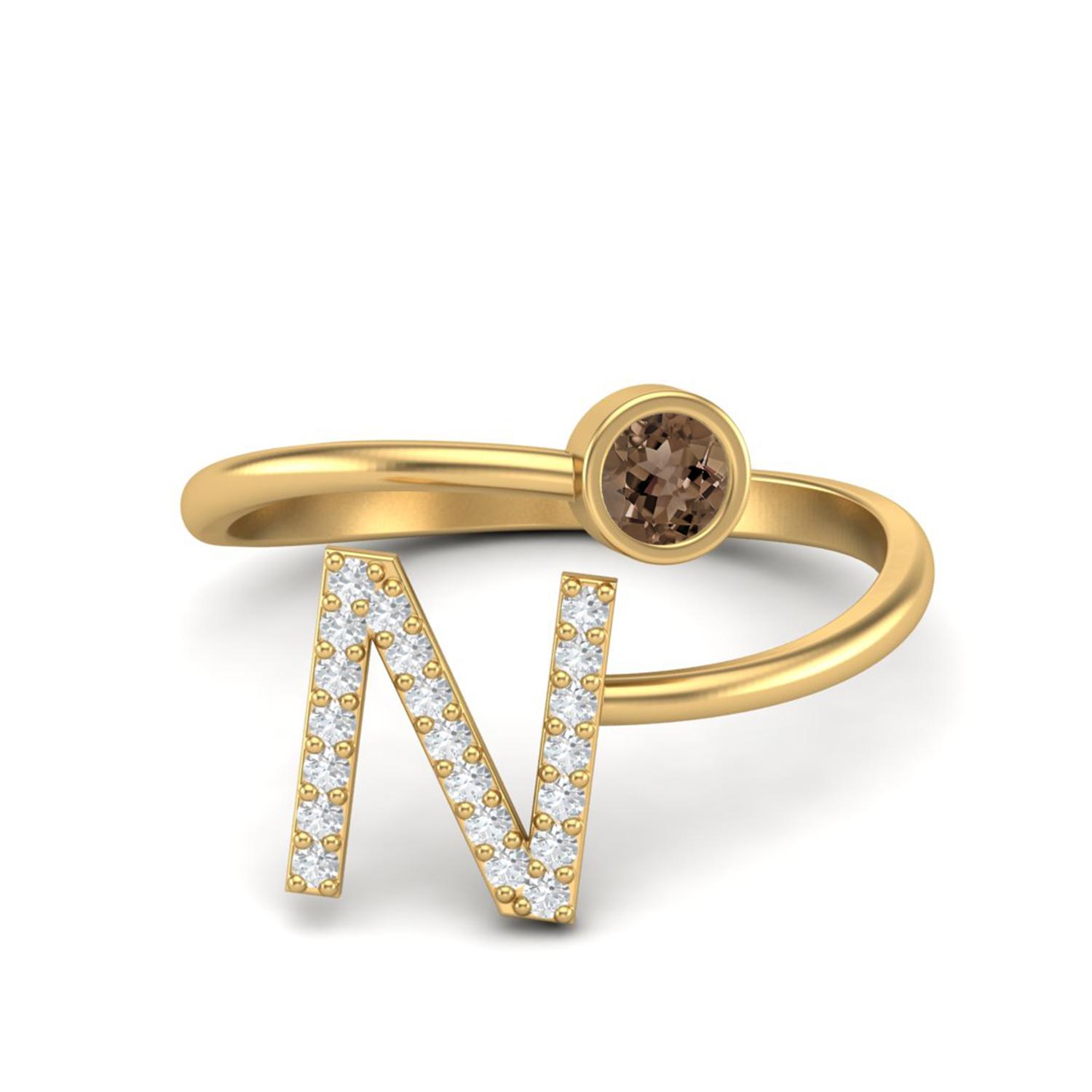 

Capital N Initial Letter 3MM Round Smoky Quartz 925 Sterling Silver Gold Vermeil Women Adjustable Wedding Ring 8 жёлтый