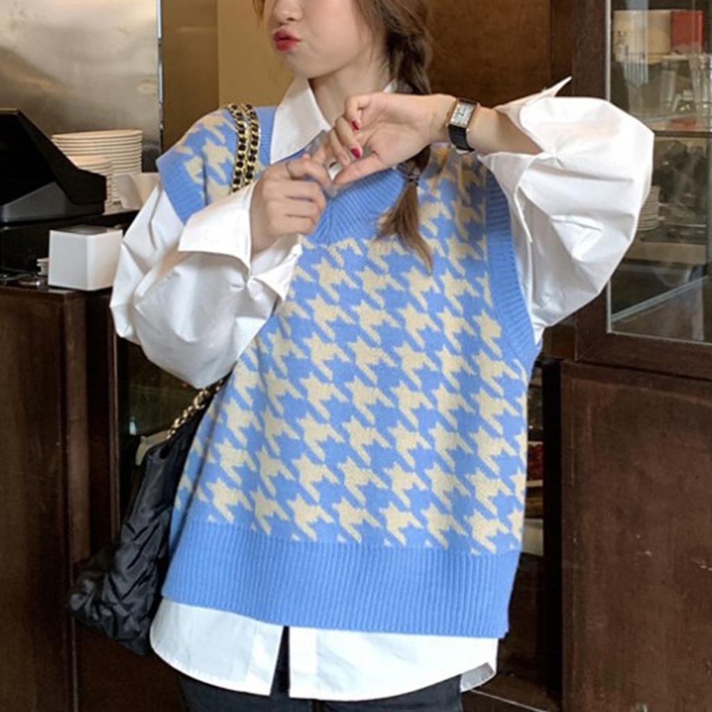 Early Autumn Korean Version New Loose Bird Checker V-Neck Sleeveless Vest Knit Tank Top Pullover Sweater Women's Wear