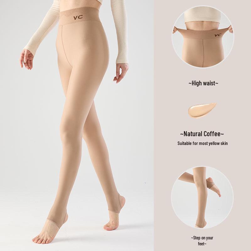 Huaxianzi High Waist Black Silk Tummy Control Leggings with Bare Leg Effect & Fleece Lining