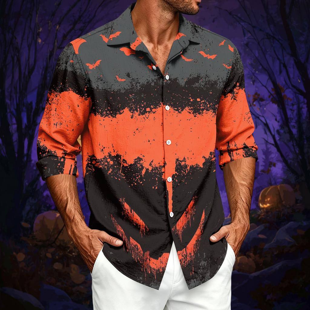 Men's Casual Long Sleeve Shirt with Halloween Print for Spring and Fall