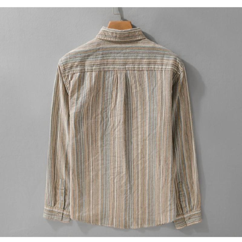 Spring Fall Japanese Vintage Striped Long Sleeve Shirt Men Street Style New Fashion Men Tops Lapel Collar Pocket Men's Casual Shirt