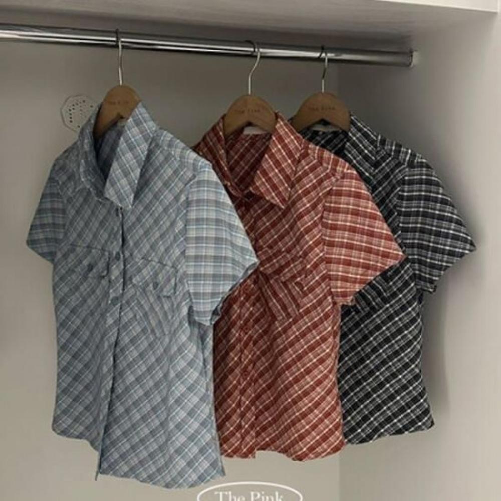 The Pink Men S Pocket Check Cropped Short Sleeve Shirt