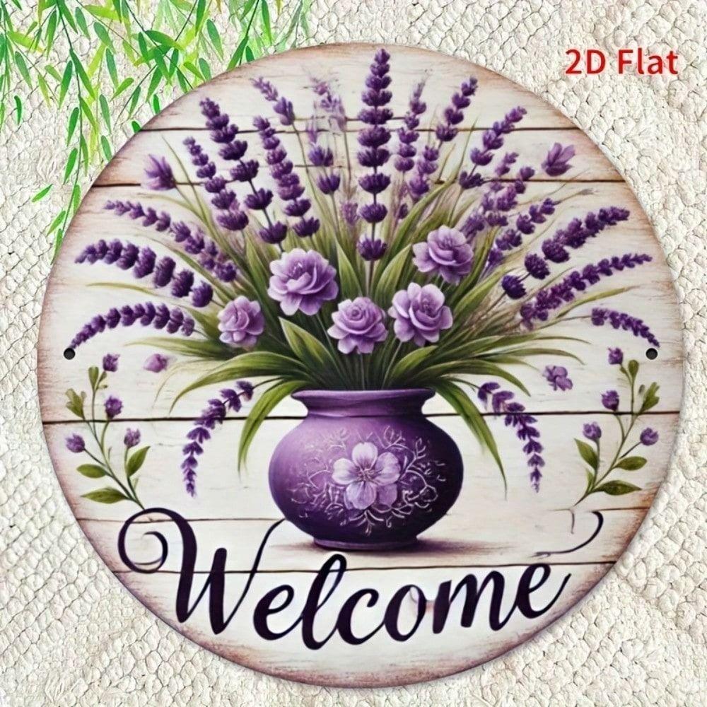 Vintage Metal Wall Art Lavender Print, Round Tin Sign 8x8 Inch for Bedroom Home Decor