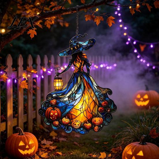 Unique Witch Themed Room Accents Acrylic Suncatcher, Stained Glass Effect Window Car Hanging Ornament, Gothic Scary Halloween Party Supplies for Home