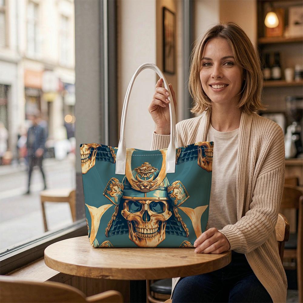 Japanese Samurai Skull Print Tote Bag Trendy Casual Daily Shoulder Bag