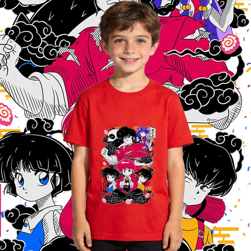 Boys Girls Short Sleeve T Shirt Ranma Characters Anime Print Cotton Top Kids Casual Wear Breathable Soft Summer