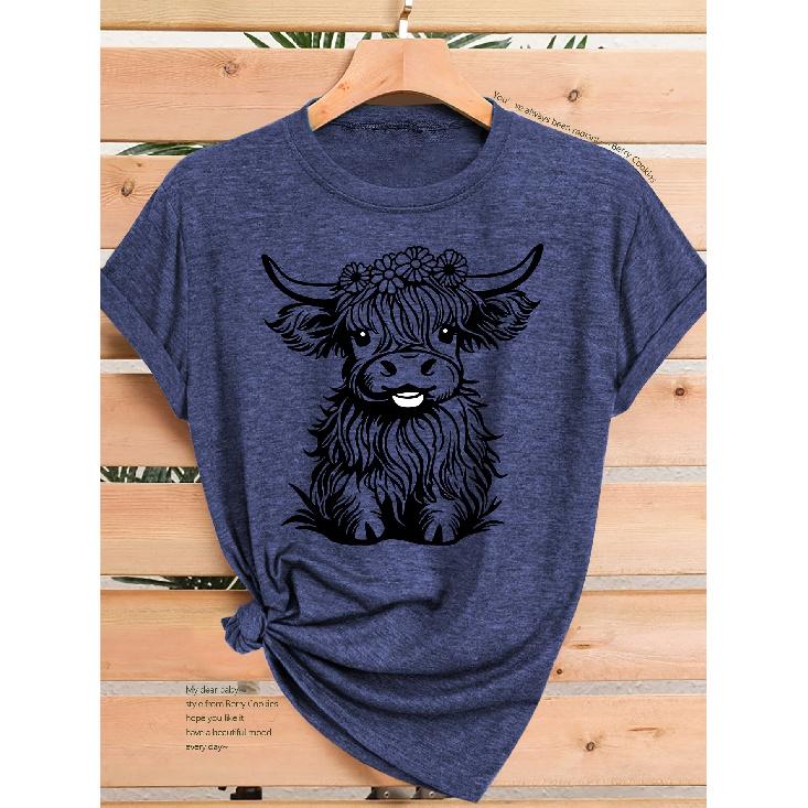 2026New women's short-sleeve shirt T Shirt Garland Highland Cow Print Elegant and versatile casual sports-style round-neck short-sleeve top for