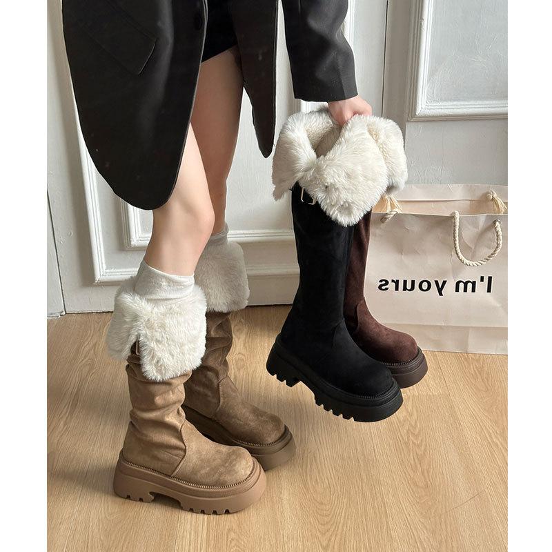Leather thick-soled heightening boots for women's winter new velvet thickened warm two wear snow boots over the knee boots