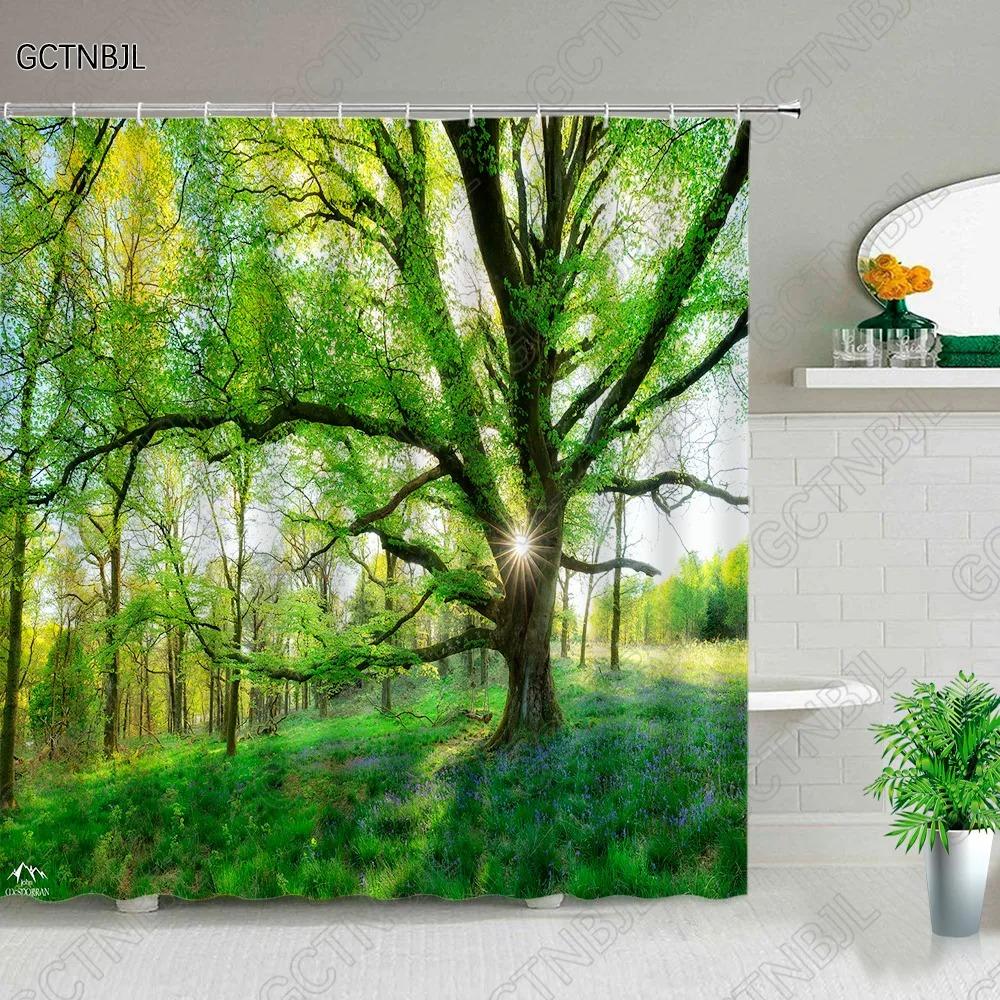 Rideaux de douche Paysage Forestier Plantes Tropicales Vertes Arbre de Palmier Fleurs Feuilles Jardin Scenery Naturelle Rideau de Bain Décor de Salle de Bain