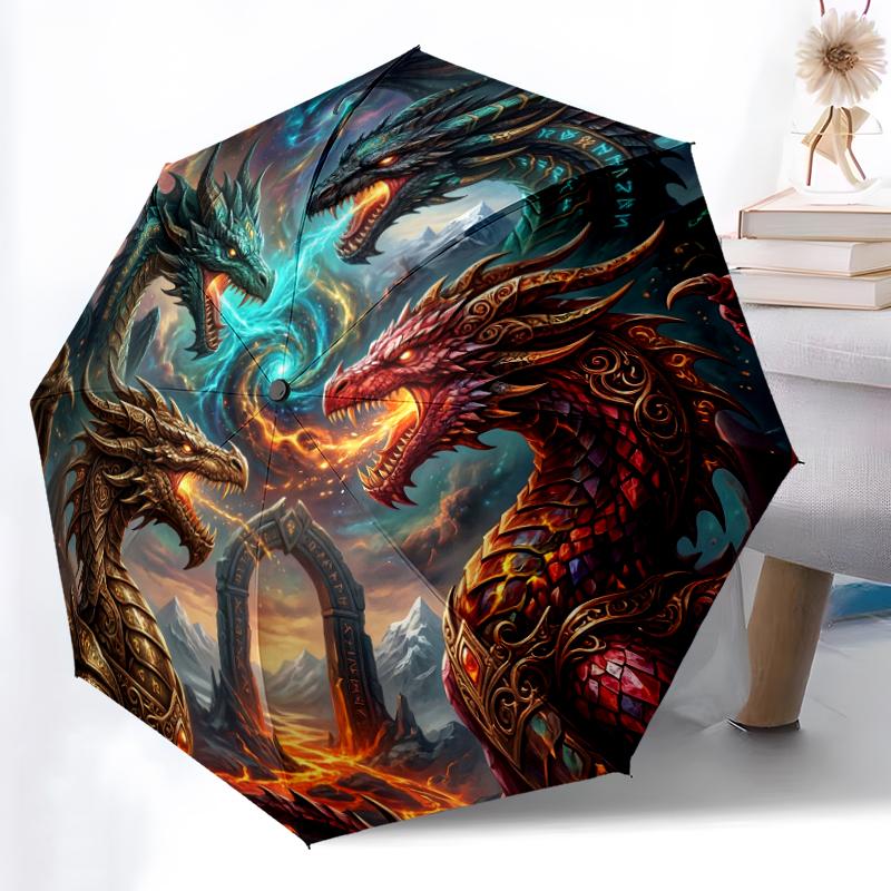 1pc Sturdy 8-Bone Auto Umbrella, Gray Background Purple Crystal Dragon Umbrella, Digital Printed, Foldable Umbrella for On-the-Go Outdoor Use