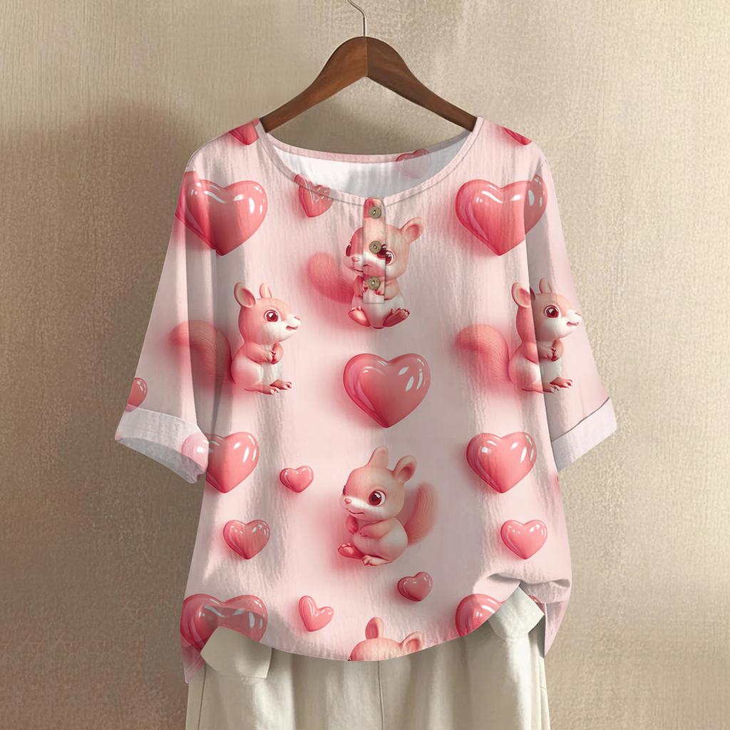 Damska koszulka z nadrukiem na Walentynki, casualowa, z krótkim rękawem, okrągłym dekoltem, z bawełny i lnu