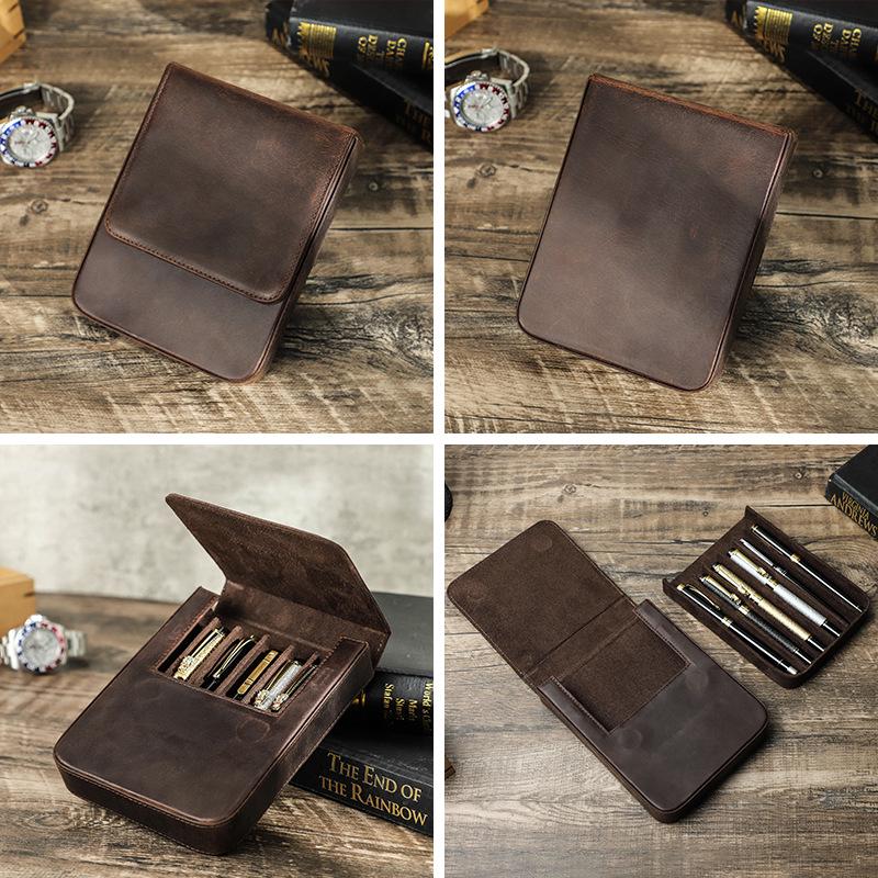 Crazy Horse Leather Handmade 6-Pen Magnetic Drawer-Style Fountain Pen Case