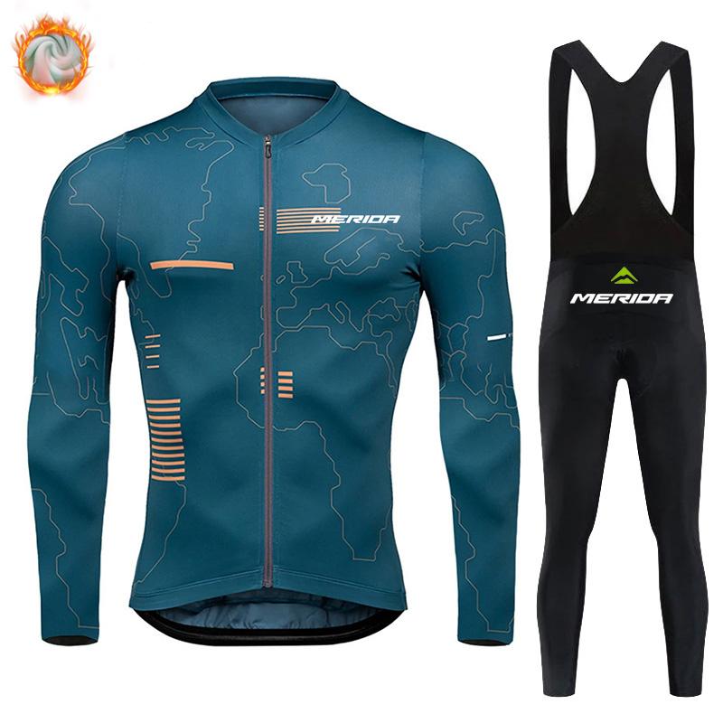 Merida Bike Team 2026 Winter Long Sleeves Cycling Clothing Men's Thermal Fleece Cycling Jersey Set Moutain Road Bike Uniform