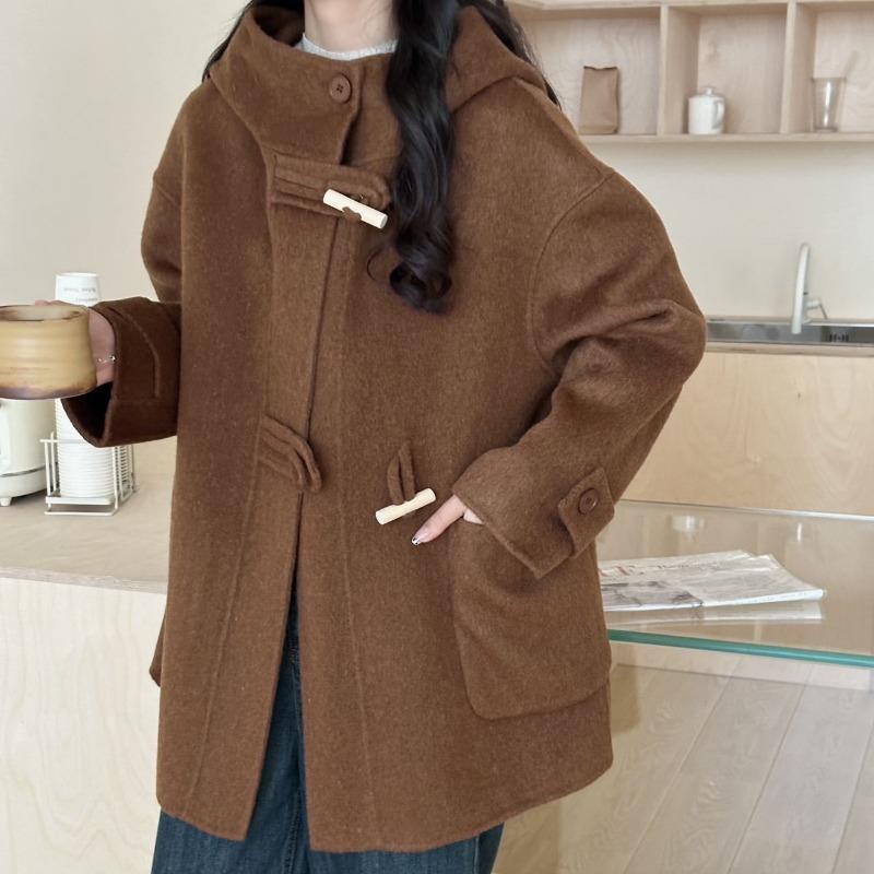 Women's Autumn and Winter New Short Hooded Loose Double-Sided Wool Coat