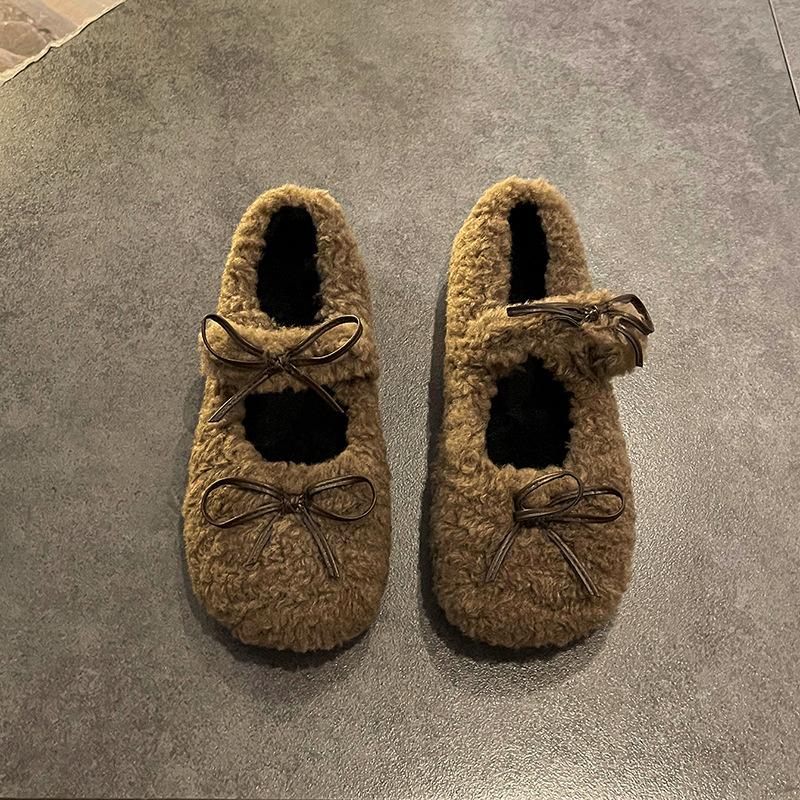 Fan Jieya Flat-bottomed Plush Shoes Women's Winter Wear 2025 Autumn and Winter New Bow Doudou Single Shoes