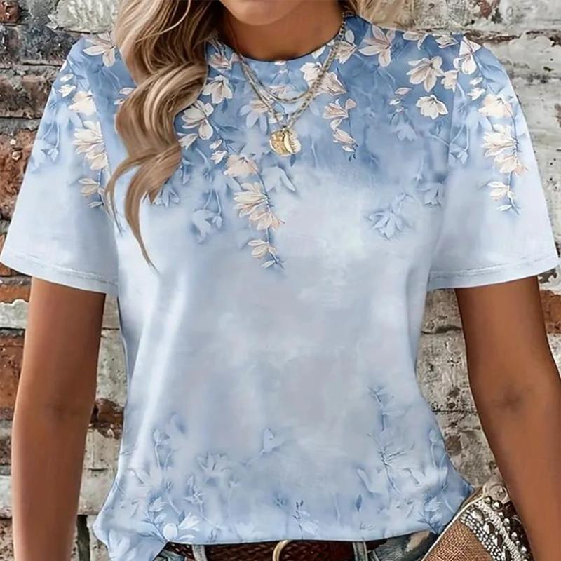 Damen Freizeit T-Shirt mit Blumendruck Hellblau Aquarellblume Rundhalsausschnitt Kurzarm Tops Atmungsaktiv Weich T-Shirts für den täglichen Gebrauch