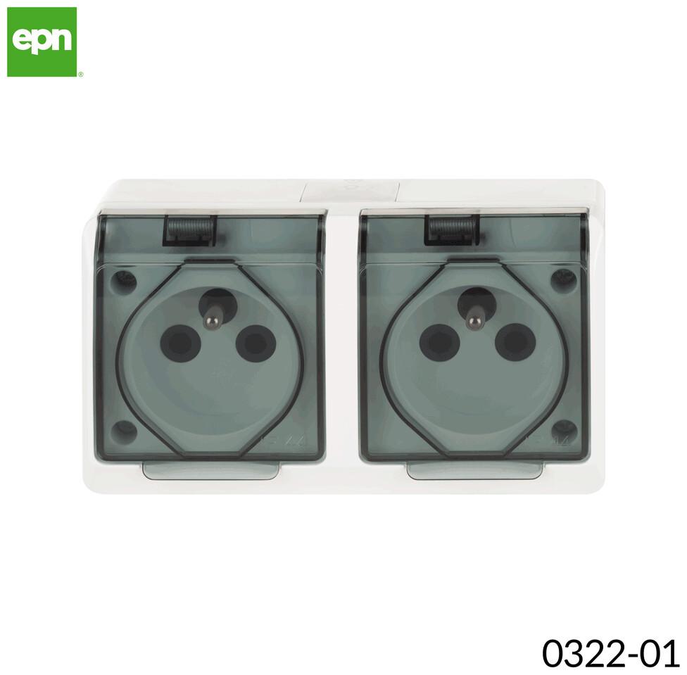 2-gang Surface-mounted Socket, IP44, White, Smoke Flap, HERMES