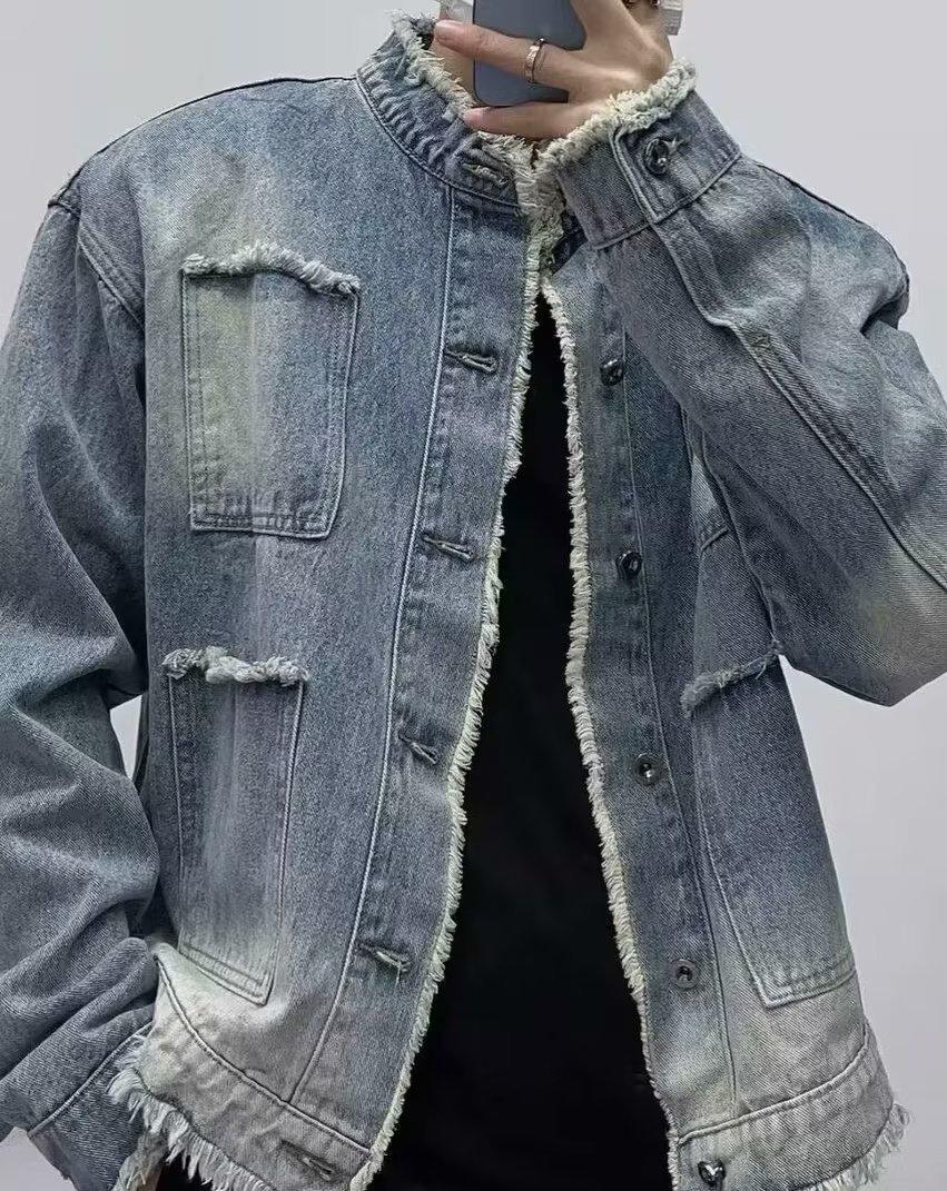 

Джинсовая куртка Ji Mao Edge с воротником-стойкой, мужская корейская куртка с постепенным изменением, модный брендовый потертый повседневный топ 2XL синий