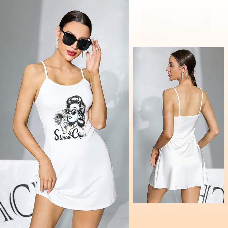 Multi-Pattern Short Cami Nightgown Unique Print Black/White Women's Loungewear 929 Trendy Versatile Sleepwear with Bold Print Choices