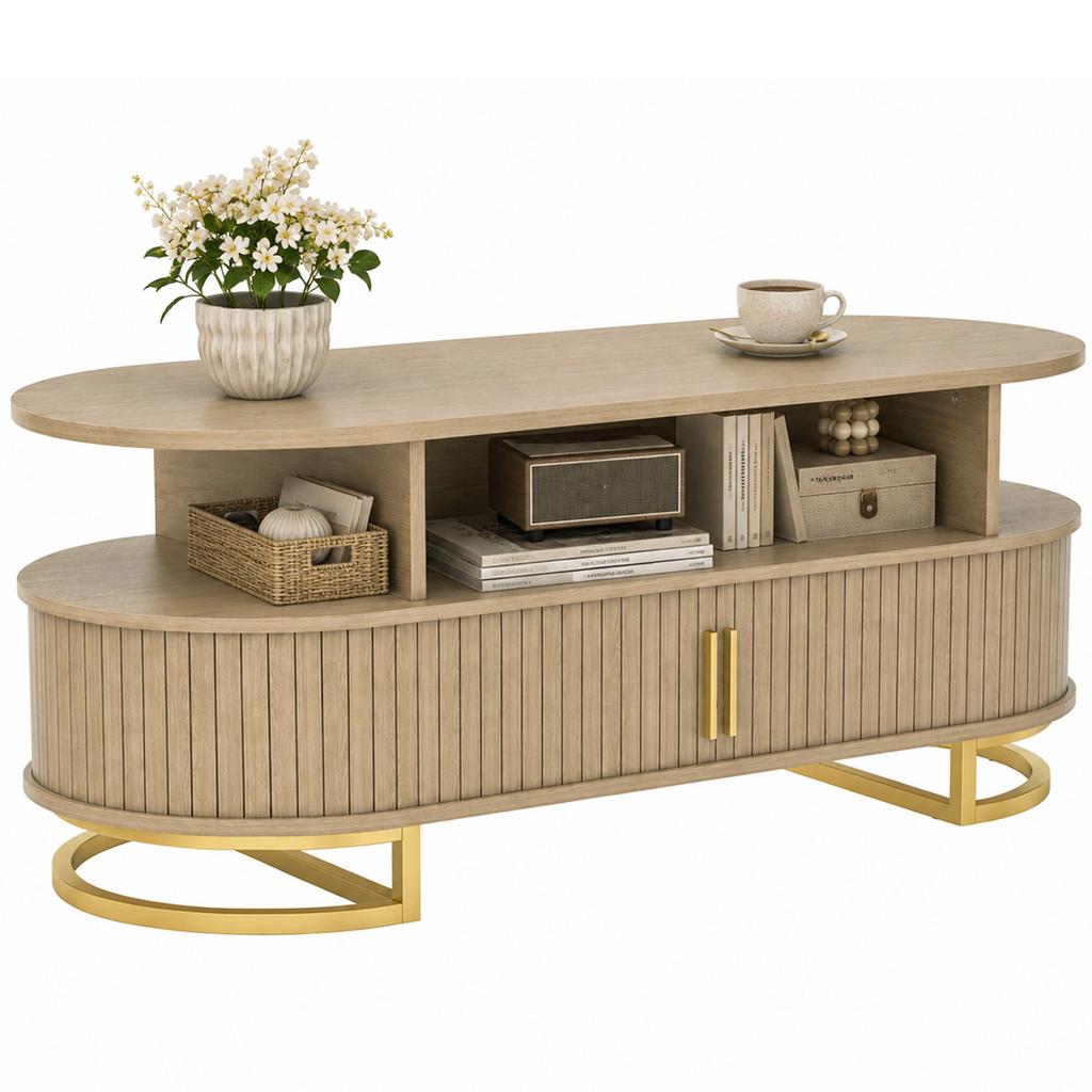 Oval Coffee Table, Sliding Drum Doors, Closed Storage, Open Shelves, Oak