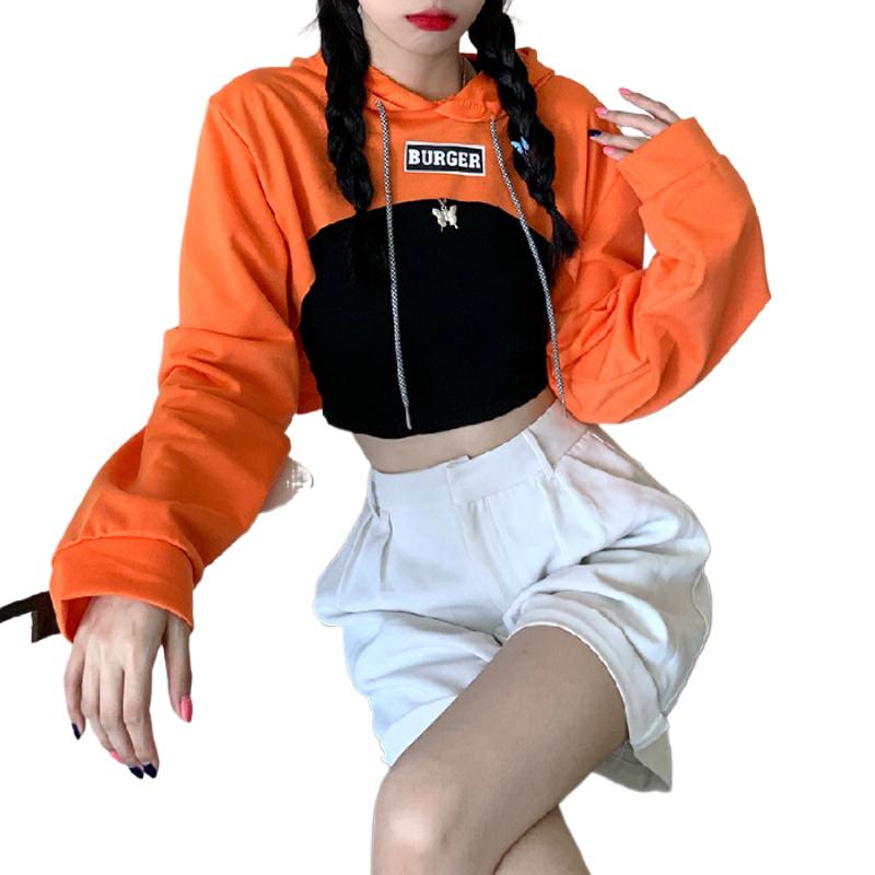 Dámská mikina s vysokým pasem, volná krátká, odhalující pupík, s dlouhým rukávem, jazzový hip-hopový top, tenká s kapucí