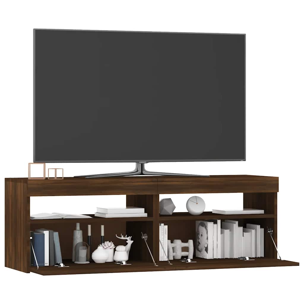 Moderner TV-Schrank Im Vintage-Stil Mit LED-Licht Außenansicht Aus Brauner Eiche 120x35x40 Cm