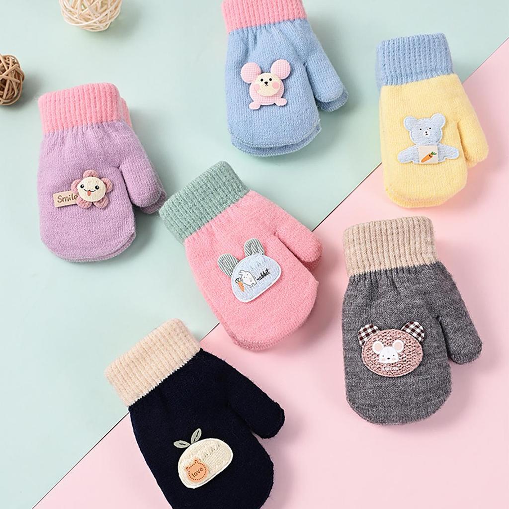 Baby Winter Gloves Cute Cartoon Thick Plush Knitted Mittens Outdoor Cold-proof Kids Boys Girls Full Finger Gloves With Ropes