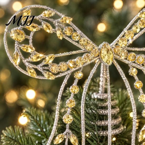 Indoor Festive Window Ornament Iron Bow Christmas Tree Topper, Gold Rhinestone Hollow-Cut Metal Light Luxury Holiday Party Decor with Spiral