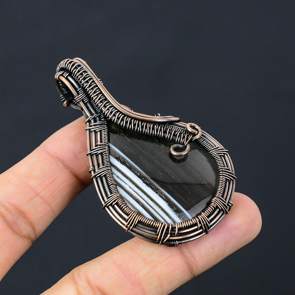 Botswana Banded Agate Gemstone Pure Copper Wire Wrapped Handmade Pendant Jewelry