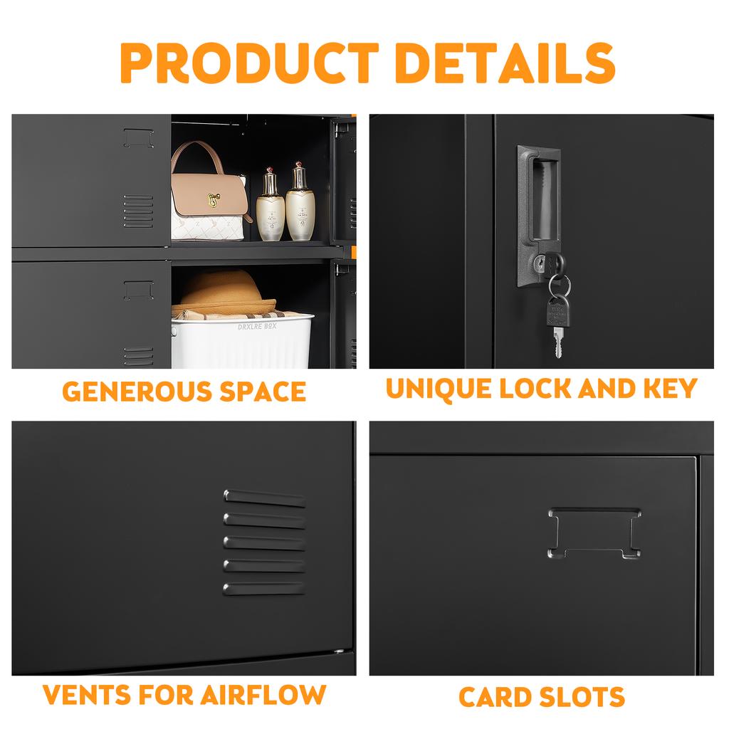 6-Door Metal Cabinets for Office, Gym, School & Home - Secure Storage Cabinet with Card Slot (Black). H 100 cm × B 90 cm × T 40 cm