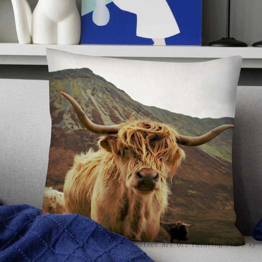 Highland Cattle Pillow Case Fashion Square Pillowcase Bedroom Sofa Room Ins Decoration Leisure Cushion Cover 40x40
