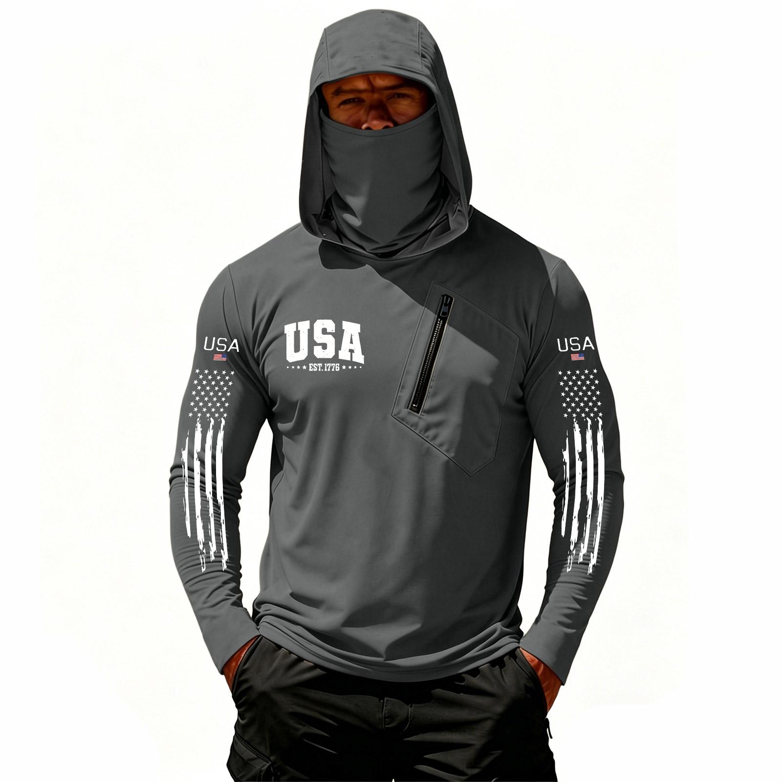 

Men’s Hooded Long Sleeve Pullover with USA Print Front Chest Pocket and Arm for Outdoor Activities XXXL
