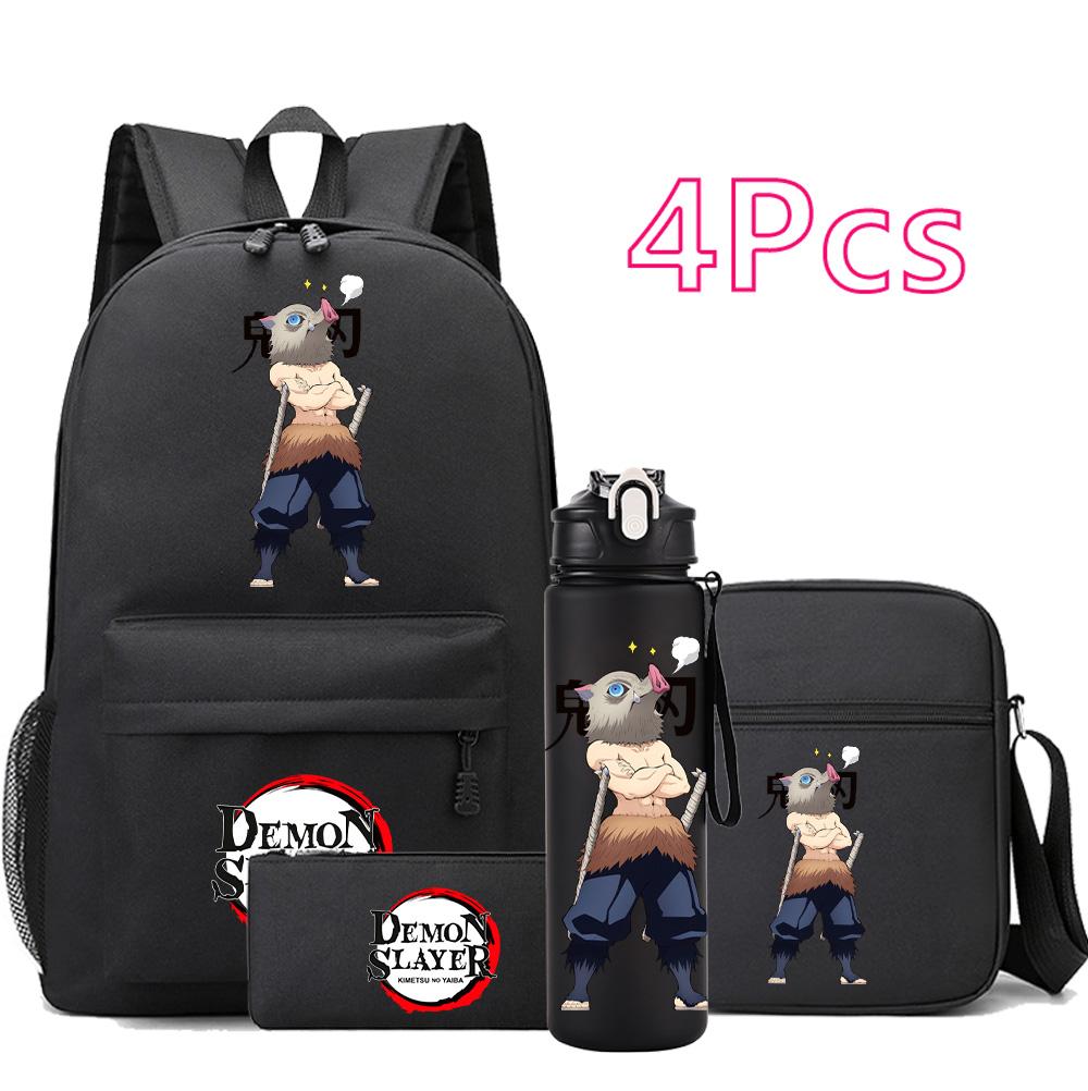 4 st/set Anime Demon Slayer Tryckt Ryggsäck Skolväska Axelväska Fodralväska med 750 ml Vattenflaska Pojke Flicka Stor Kapacitet Vattentät Skolväska
