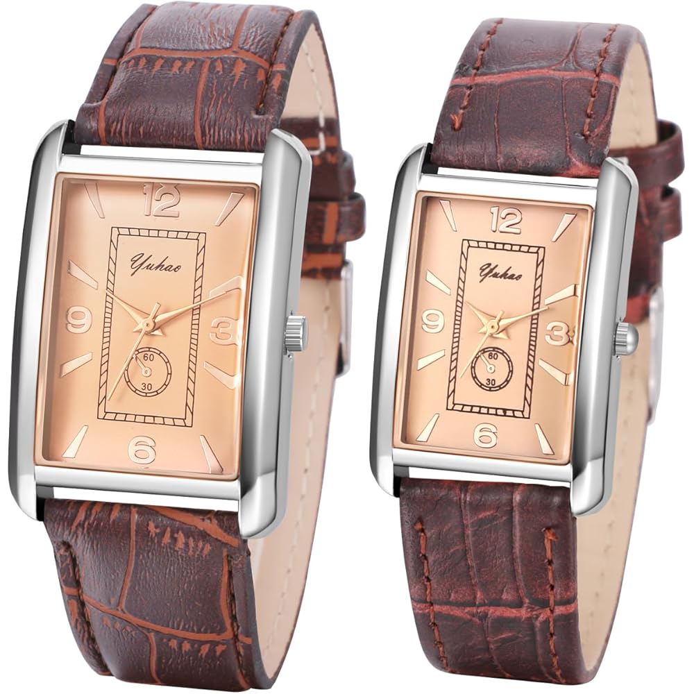 Pair Watch Antique Brown Leather Strap Analog Quartz Waterproof Leisure Business Accessory