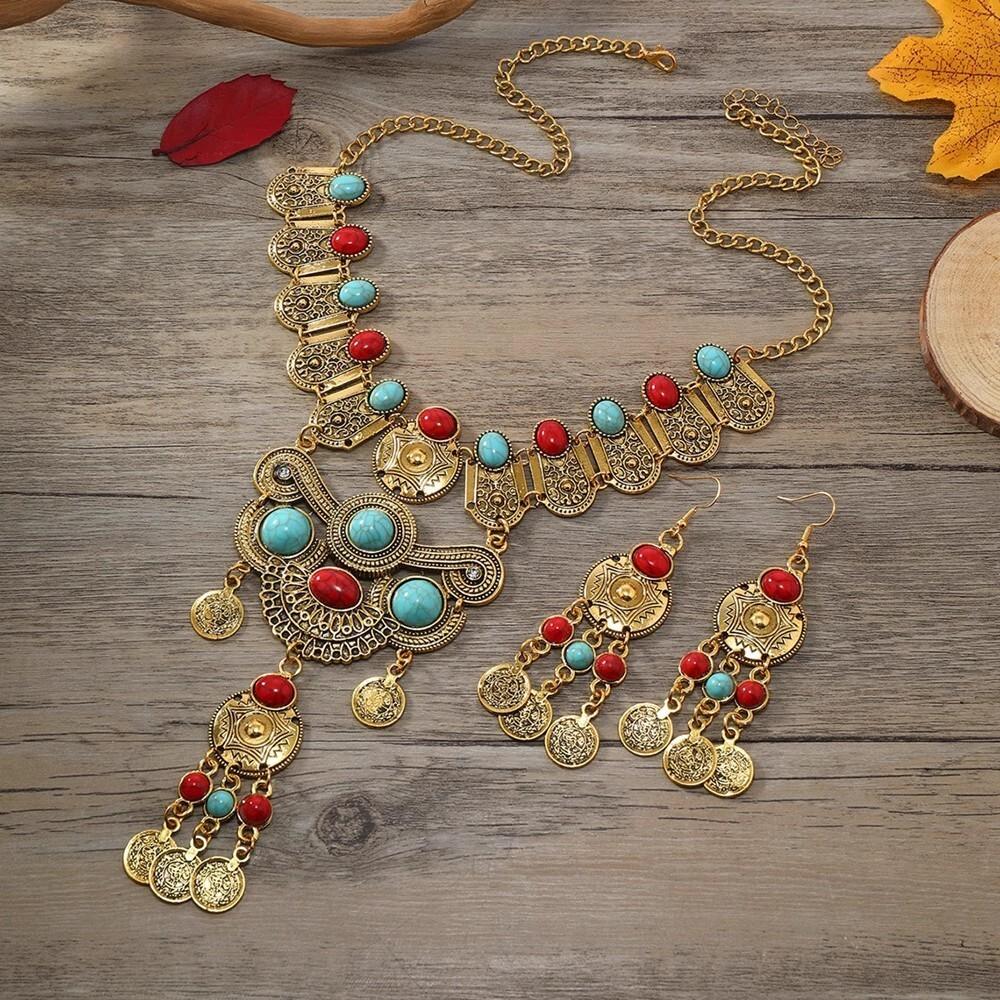 Western Jewelry Set Ethnic Vintage Imitation Turquoise Coin Tassel Necklace Earrings for Women Party Accessories
