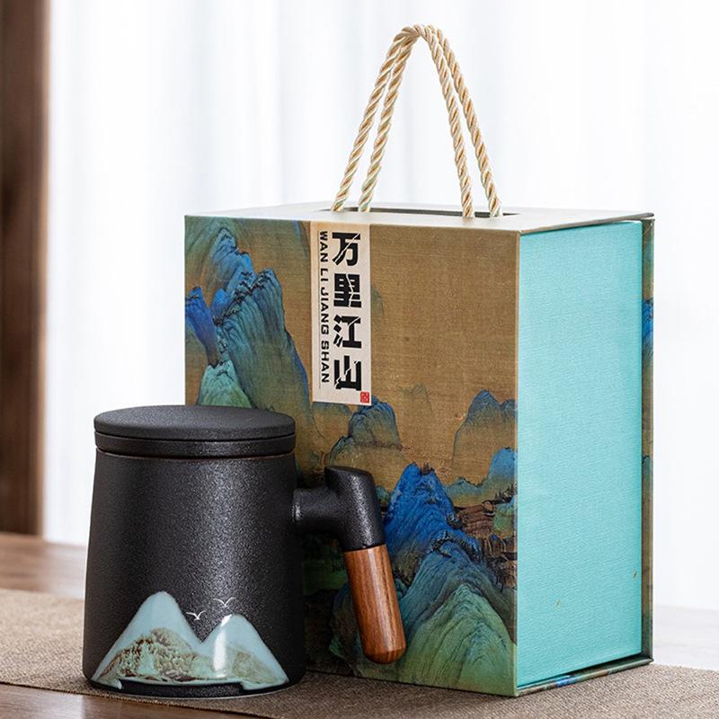 Guochao Holzgriff Yuanshan Keramiktasse mit Deckel Qianli Weißporzellan Jiangshan Büro Tee- und Wasserseparation Geschäftsgeschenk
