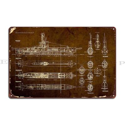 Submarine Blueprint Metal Plaque Poster Wall Plaque Garage Decoration Design Living Room Rusty Tin Sign Poster