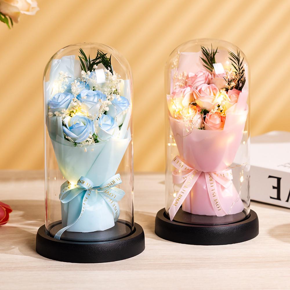 Eternal Rose LED Light Acrylic Cover Flower Valentines Day Gift Wedding Party Decor Artificial Rose Flowers Light Christmas Part